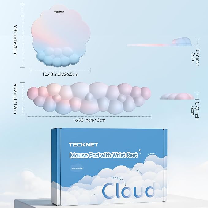 TECKNET Cloud Wrist Rest & Ergonomic Mouse Pad, Cloud Keyboard Wrist Rest with Non-Slip Base, PU Leather Memory Foam Wrist Pad for Keyboard and Mouse, Pain Relief for Typing, Gaming, Rainbow