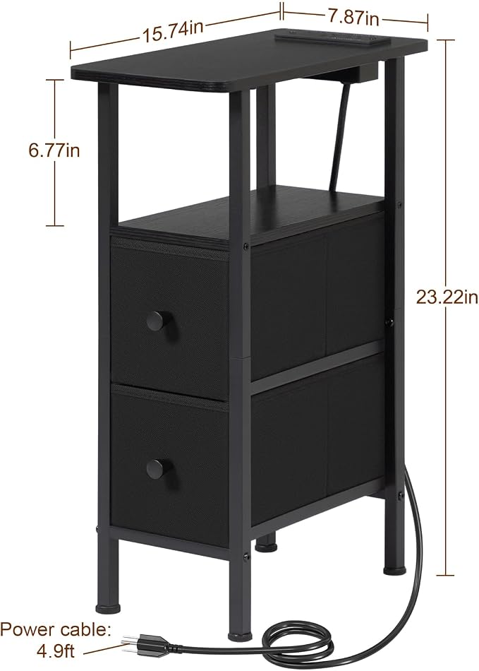 Narrow End Table with Charging Station, Small Nightstand | Skinny Side Tables Living Room with 2 Fabric Drawers, Slim Bedside Table for Bedroom, Small Spaces, Couch, Black