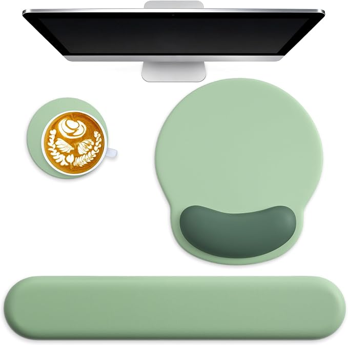 3 in 1 Ergonomic Mouse Pad and Keyboard Wrist Rest with Coaster Set-Green | Cute Large Mousepad with Gel Wrist Support for Gaming Computer Laptop Women Office Home Desk Decor
