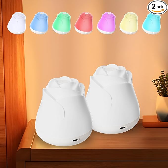 Rose Night Light for Bedroom, Touch Control LED Bedside Lamp, 7 RGB Colors, Portable Table Lights Gift for Men Women Teens Kids Children Sleeping Aid(2 Pack)