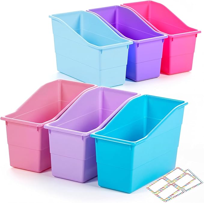 Blosssound 6 Set Book Bins for Classroom with Label Sticker Book Box Baskets Plastic Stackable Organizing Bins Storage & Organization for Classroom Library Home School Supplies (Purple Pastel)