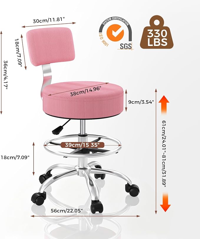Office Drafting Chair with Footrest, Tall Height Adjustable Stool with Back Support, Heavy Duty Rolling Stool Chair with Wheels for Office Home Kitchen Bar Shop Guitar Studio Vanity, Pink