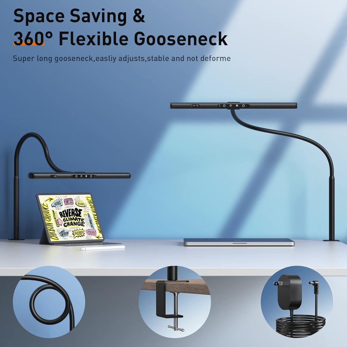 Desk Lamp for Home Office, Desk Light with Clamp, Office Lamp with Remote & Gesture Sensing, Monitor Light Bar, Adjustable Color Temperature & Brightness, 12W