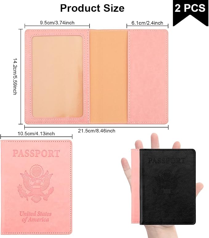 Passport Holder, Passport Cover, Passport Holder for Women, 2 Pack Travel Passport Wallet, Leather Passport Case, Passport Protector International Travel Must Haves Accessories, Black+Pink