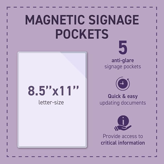 Tarifold EasyLoad Magnetic Document Pockets, Letter Size, 5 Pack | 5 clear PVC pockets, full magnetic backing, double-sided opening, corner closure, holds letter-size documents