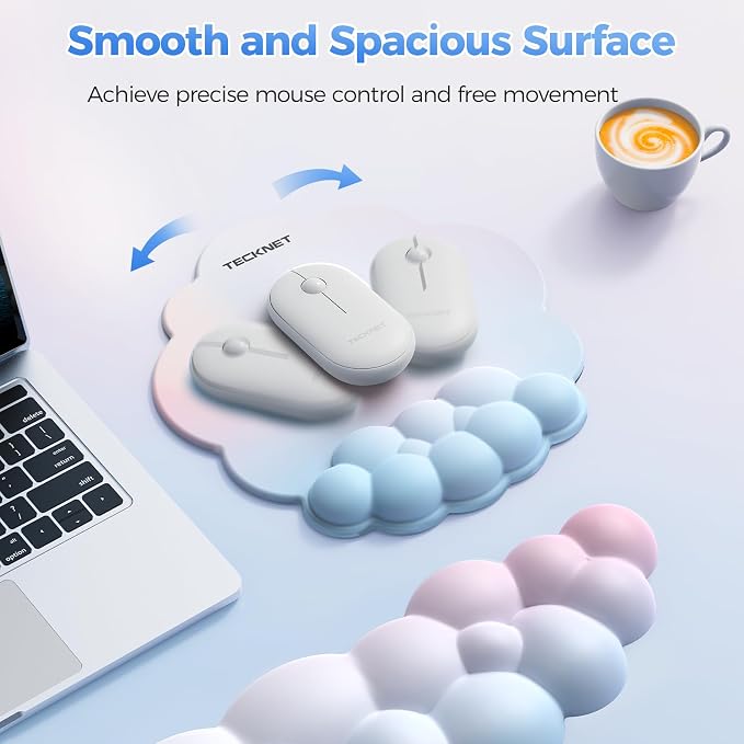 TECKNET Cloud Wrist Rest & Ergonomic Mouse Pad, Cloud Keyboard Wrist Rest with Non-Slip Base, PU Leather Memory Foam Wrist Pad for Keyboard and Mouse, Pain Relief for Typing, Gaming, Rainbow