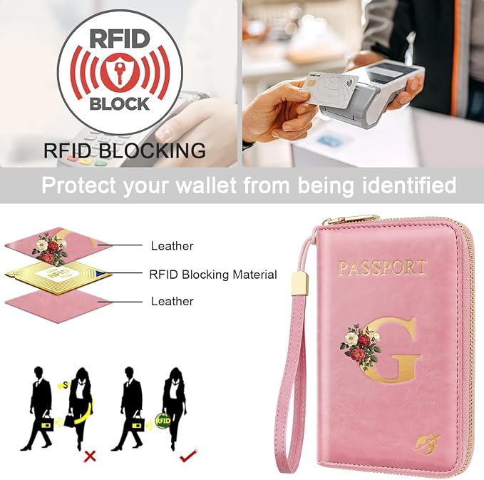 Passport Holder for Travel Personalized Wallet with Wristlet Women | All-in-One Passport Cover, RFID Blocking, Back Coin Pocket, Paper Money Slot, Zipper Closure, Roses Initial Letter, Pink G