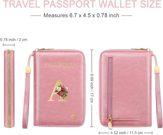 Passport Holder for Travel Personalized Wallet with Wristlet Women | All-in-One Passport Cover, RFID Blocking, Back Coin Pocket, Paper Money Slot, Zipper Closure, Roses Initial Letter, Pink A