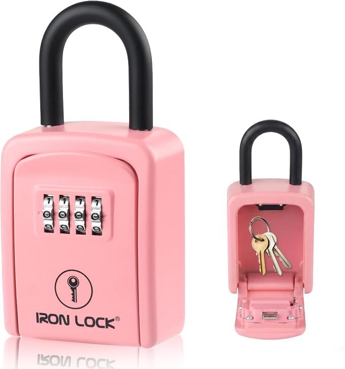 Iron Lock® Small Portable Key Lock Box with Code, U-Shackle (Small, Pink) | U-shackle opens fully out to loop over a handle, gate, latch or rail; rolling combination dials, no app, no battery