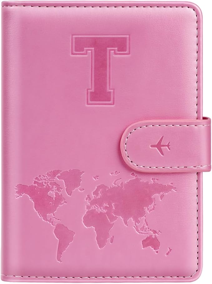 Passport Holder Cover Initial Letter A-Z Travel Wallet Personalized | Travel Essentials, Embossed Design, RFID Blocking, Personalized Gift, Passport Book Holders for Women and Girls, Pink-T