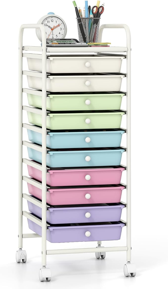 GIANTEX 10 Drawer Storage Cart, Rolling Craft Cart w/Metal Tabletop | Mobile Utility Organizer Trolley with Locking Wheel, Storage Drawer Unit for Home Office, Play Room, Pastel Ice Cream