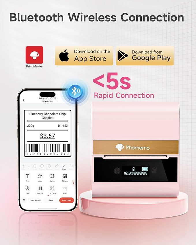 Phomemo Label Printer -M260 Address Label Maker Machine with Tapes,Bluetooth Thermal Label Printer, for Gift Decoration,Name Tag,Barcode,Logo, Easy to Use with Phones& PC - Pink