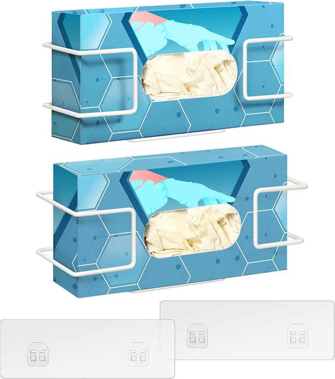 THYGIFTREE Glove Box Holder Wall Mount Dispenser, 2 Pack with 1 Small + 1 Large Rack, Small Fits 100 Count Boxes, Large Fits 100 & 200 Count Boxes, Fits Most Nitrile Latex & Vinyl Glove Boxes, White