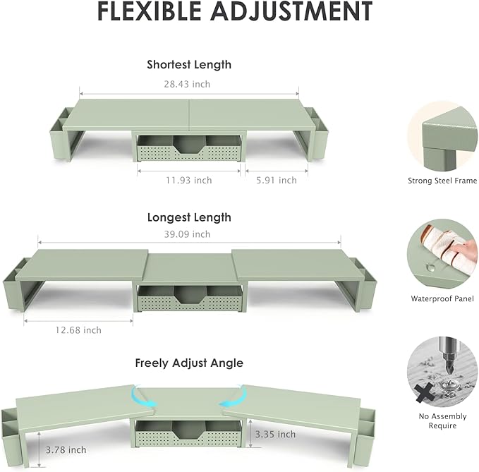 Desk Organizers and Accessories, Dual Monitor Stand Riser with Drawer and 2 Pen Holders, Desk Shelf Computer Monitor Stand for Office Workspace Organizers, Desktop Organization (Sage Green)