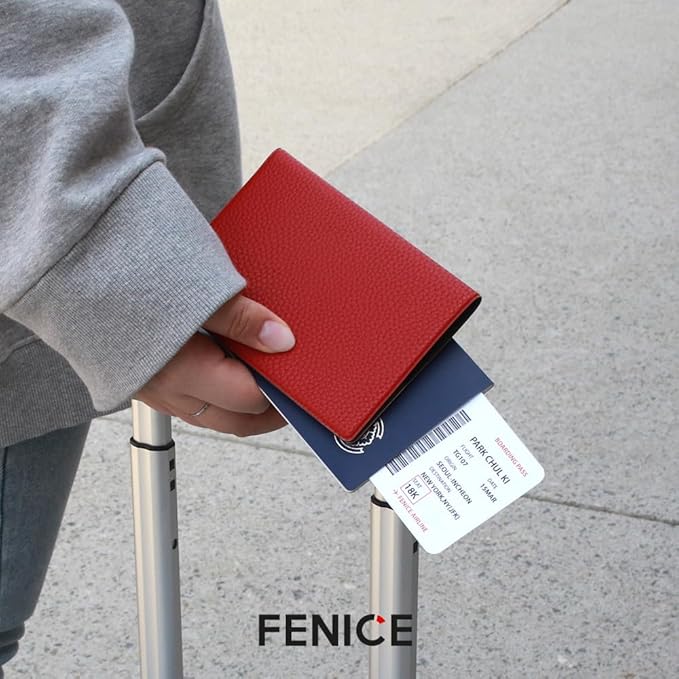 Fenice Classic Passport Cover Holder Wallet Case for Travel Essential RFID Blocking Vegan Leather Waterproof (RED)