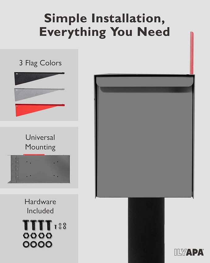Ilyapa Modern Mailbox for Post Mount - Gray with Gray Door Powder Coated Steel, Waterproof Letter Box for Parcels, with Recessed Magnetic Close Door