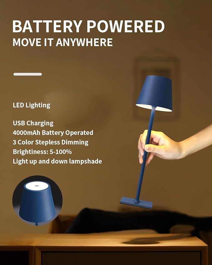KDG 2 Pack Cordless Blue Table Lamps, Rechargeable Portable LED Desk Lamps | 4000mAh Battery Operated 3 Color Stepless Dimming Up for Restaurant, Bedroom, Outdoor Party, Camping, Coffee Shop, Nightlight