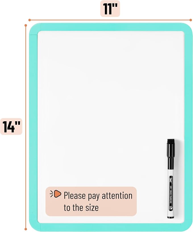 Mr. Pen- Dry Erase Board, 14” x 11” with a Black Dry Erase Marker | Aqua Blue Frame, Small Mini White Board for Students, Fridge, Wall, Locker, Includes Double Sided Tapes