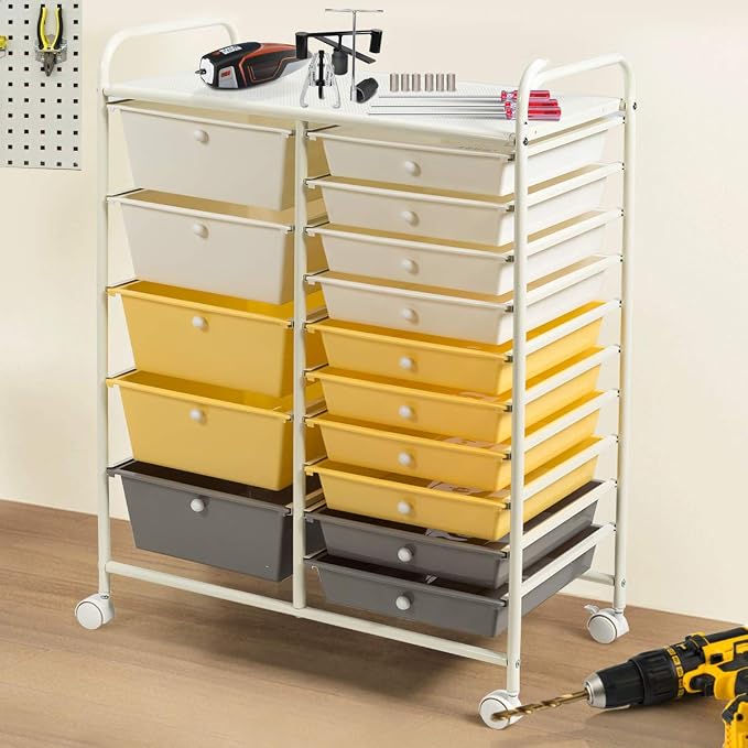 RELAX4LIFE 15 Drawer Rolling Storage Cart, Mobile Drawer Carts for Craft Art Supply Paper Salon, Utility Cart on Wheels for Classroom Teacher School Office, Rolling Cart with Drawers (Yellow)