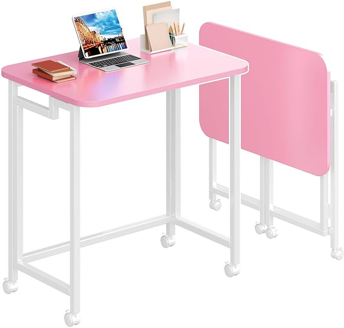 4NM 23.6" Mobile Small Rolling Computer Desk, Folding Laptop Cart Table with Wheels, Portable Office Desk for Small Space Couch Bed - Pink and White