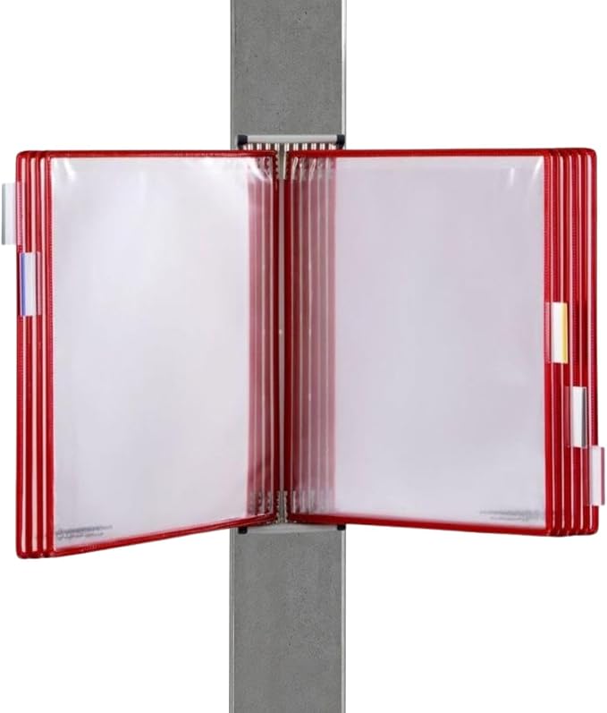 Tarifold Wall Mount Reference System, 10 Pockets, Expandable, Red | 10 double-sided PVC pockets hold 20 letter-size sheets, sturdy wall-mount bracket, snap-on index tabs, easy to install