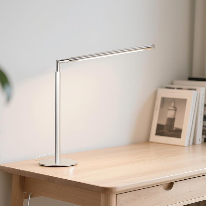 Silver LED Desk Lamp, 16" Dimmable Metal Desk Light with Base, 15W 1200LM, Adapter Included, Color & Brightness Adjustable, Modern Tall Table Lamp for Home Office Reading Study Task Laptop