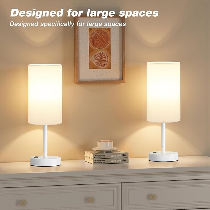 White Nightstand Bedroom Lamp - 3 Way Dimmable Bedside Lamp USB C A Charging Ports and AC Outlet, Small Table Lamp Linen Lampshade for Office Desk