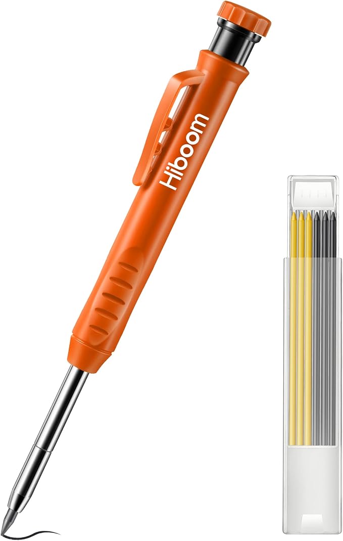 Hiboom Mechanical Carpenter Pencil with 7 Leads, Deep Hole Marker, Orange | Built-In Sharpener, Long Nose Construction Pencil, Pocket Clip Design, Woodworking Tools, Marks on Various Surfaces