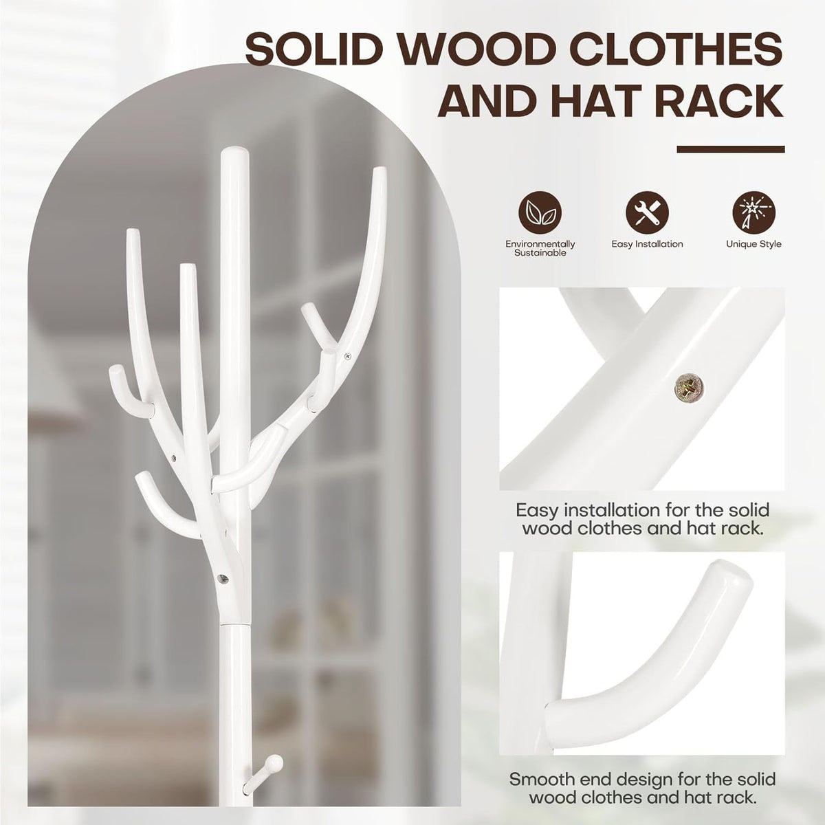 Coat Rack Freestanding, Wooden Coat Rack Stand with 16.5" Round Base, Tree Branch-look, 72" Coat Tree Standing Heavy Duty Clothes Hanger with 12 Hooks for Corner Entryway, White