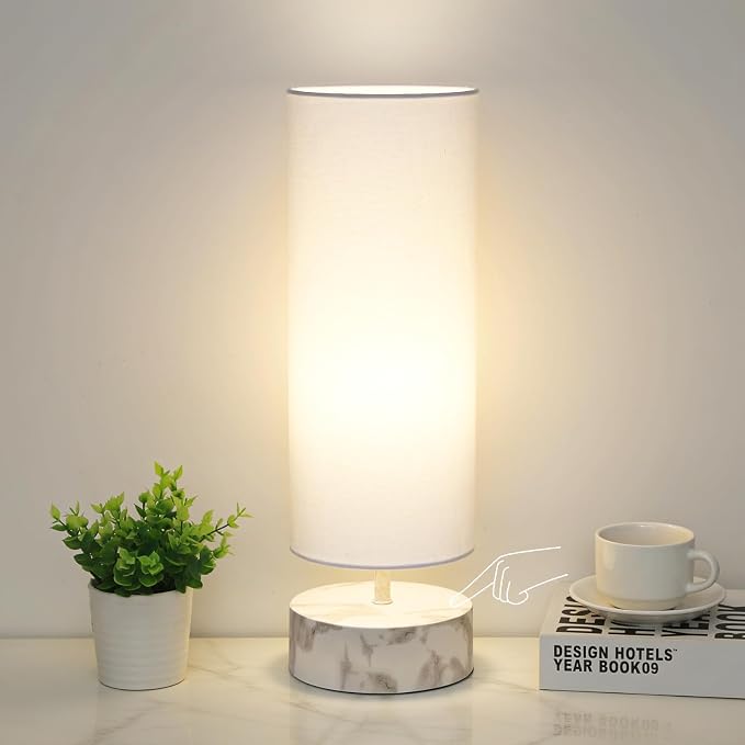 Touch Table Lamp with Marble-Grain Metal Base, 3 Way Dimmable Bedside Lamp | Modern Minimalist Desk Lamp with White Shade, Nightstand Night Light for Bedroom Living Room Home Office, LED Bulb Included