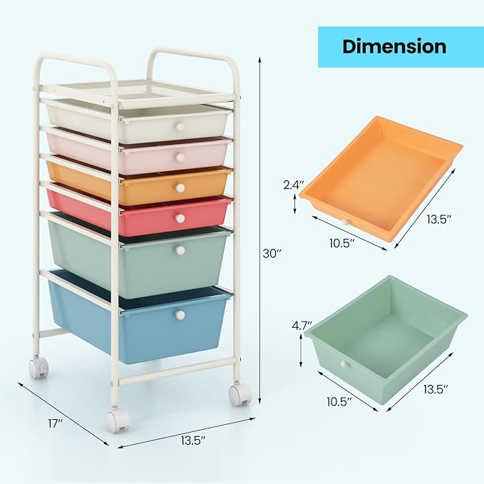 COSTWAY 6-Drawer Rolling Storage Cart, Art Craft Tools Organizer on Wheels | Multifunctional Heavy Duty Utility Mobile Storage Trolley w/ 2 Lockable Wheels for Home Office School (Macaron)