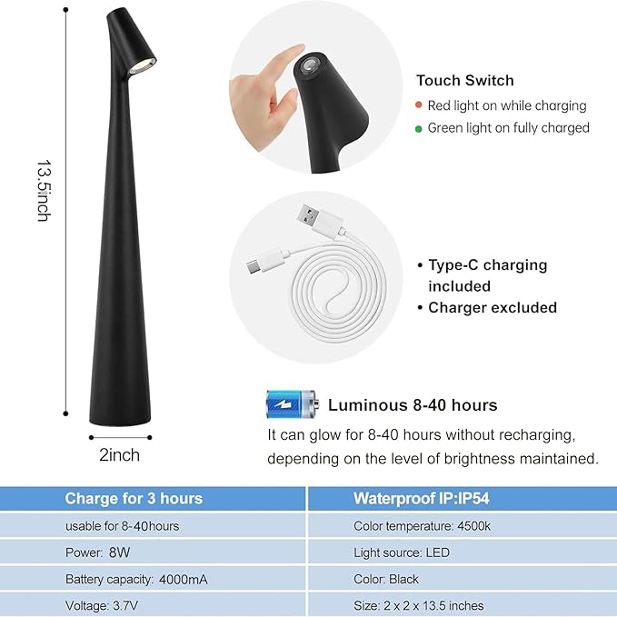Black Set of 2 Cordless Table Lamps Rechargeable Battery Operated Lamp Touch,Waterproof Desk Lights for Reading,Bedroom, Living Room,Nightstand,3 Levels Brightness