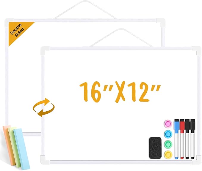 Small Dry Erase Board for Wall, 16" x 12" Double-Sided Hanging Whiteboard, Magnetic White Board with 4 Markers, 4 Magnets and 3 Mini Sticky Notes, Portable Whiteboard for Kids, School, Home, Office