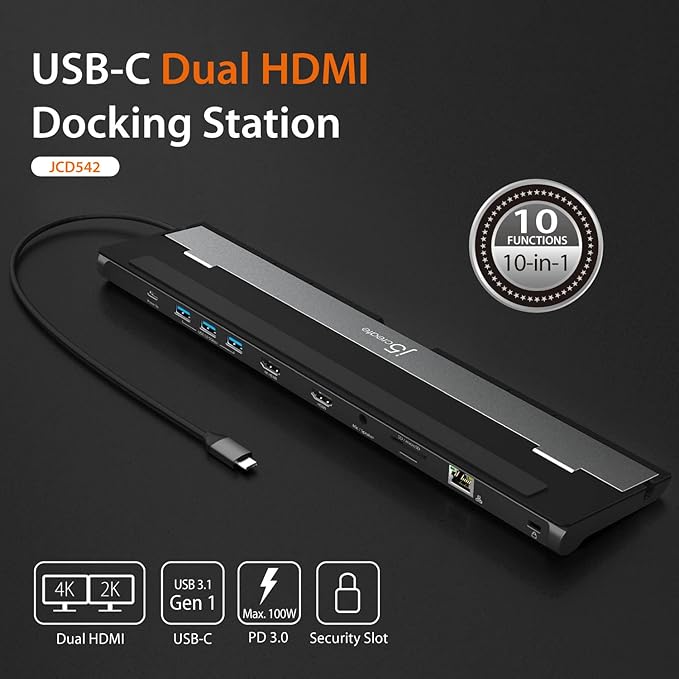 j5create USB-C Dual HDMI Docking Station (10-in-1), 4K + 1080p Dual HDMI Display, 5Gbps USB-A x3, SD Card Reader, PD 100W, RJ45 Ethernet, Combo Audio Jack, for MacBook and Windows Laptop (JCD542)