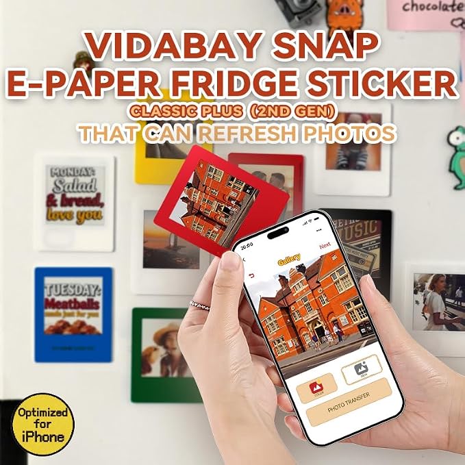 E-Paper Fridge Magnet Classic Plus, E-Ink Battery-Free Instant Photo Style Display, Wireless NFC Picture Frame, Phone-Controlled Acrylic Memo Board for Party/Travel/Home & Gifts, Compatible iPhone 13 and Newer (Red)