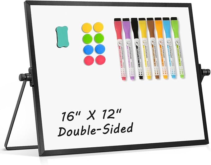 Double-Sided Magnetic White Board with Stand, 16" x 12" (Black) | Dry Erase Board with Stand, Desktop Whiteboard Easel , Portable Small White board dry erase for Drawing, Office, Home