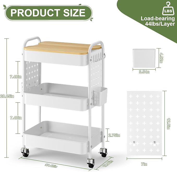 3 Tier Rolling Cart with Table top, Metal Utility Cart with DIY Pegboard | Sturdy Storage Organizer Cart with Locking Wheels,Hooks& Cups for Office, Classroom, Kitchen and Bathroom, White