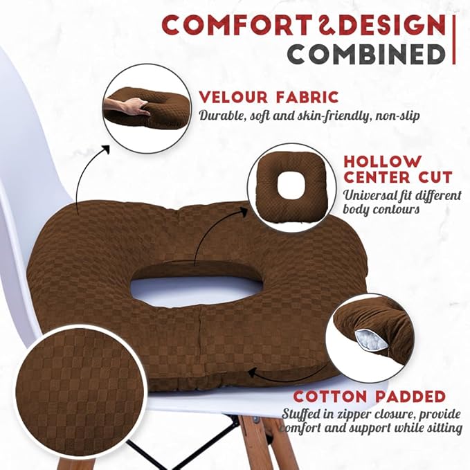 Stuffed Donut Pillow Seat Cushion | for Tailbone and Coccyx Pain, Hemorrhoids, Bed Sores, Pregnancy, Prostate, Surgery Recovery, Sitting Pressure Relief, for Home, Office and Car (Brown)