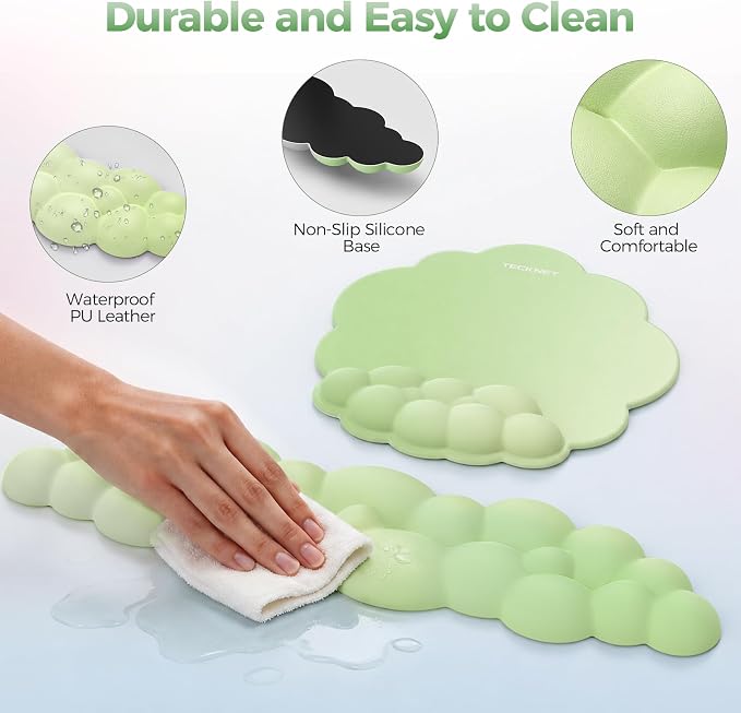 TECKNET Cloud Wrist Rest & Ergonomic Mouse Pad, Cloud Keyboard Wrist Rest with Non-Slip Base, PU Leather Memory Foam Wrist Pad for Keyboard and Mouse, Pain Relief for Typing, Gaming, Green