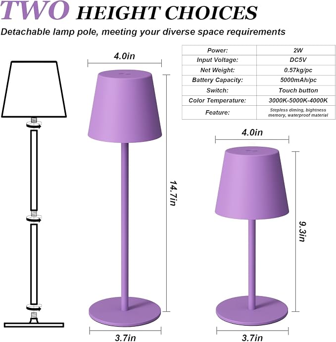 Kakanuo Cordless Table Lamp Rechargeable Purple - KK 2 Pack 5000mAH Battery Operated Lamp for Counter, 3 Color Stepless Dimming Wireless Lamp for Dining Kitchen, Outdoor Patio, Touch Control