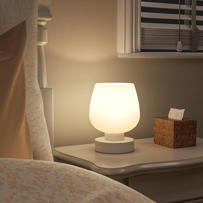 Seealle Small Touch Table Lamp for Nightstand, 3 Way Dimmable Bedside Lamp | White Glass Shade, Bedroom, Living Room, Night Stands, Small Spaces, LED Bulb Included, Gift Choice