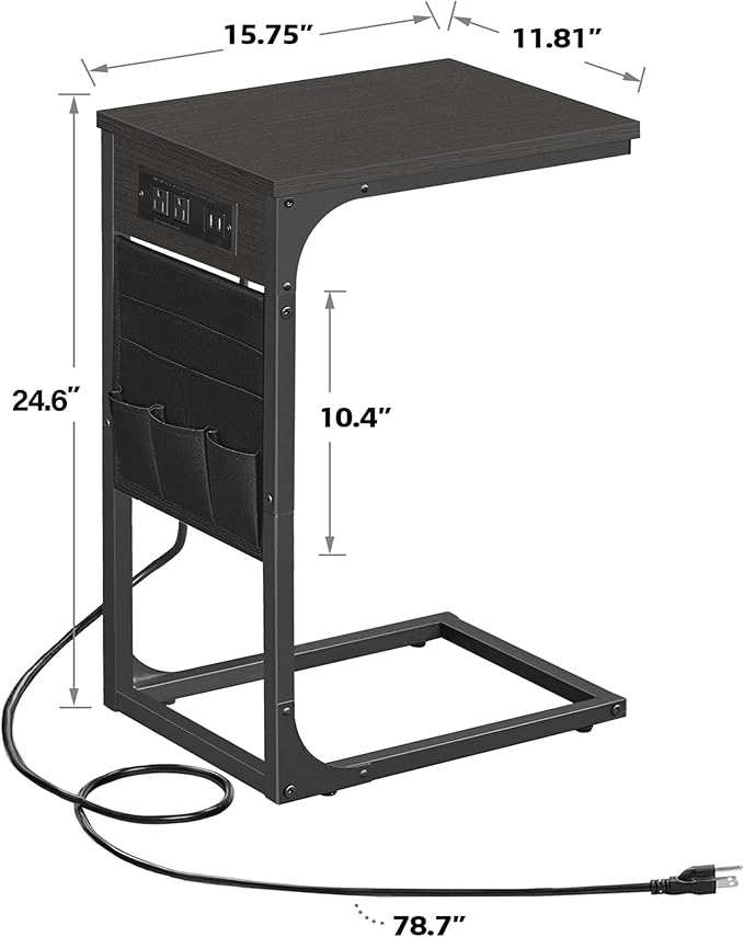 TUTOTAK C Shaped End Table with Charging Station, Side Table for Sofa | Couch Table with Storage Bag, TV Tray with 2 USB Ports and Outlets, Set of 2, Living Room and Bedroom, Black TB01BK0242