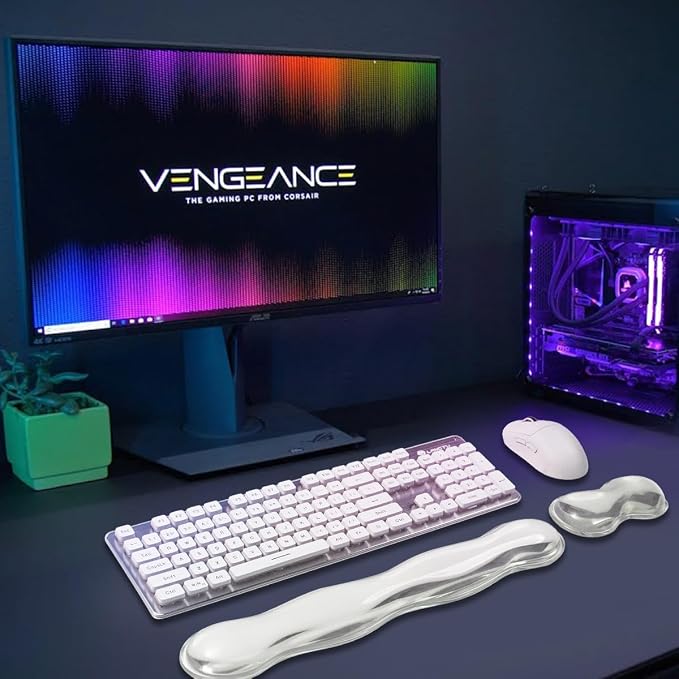 Ergonomic Silicone Gel Keyboard and Mouse Wrist Rest Set –17.12inch Longer Clear Wrist Rest for Full-Sized Computer Keyboard, Comfort & Support for Typing and Gaming (White)
