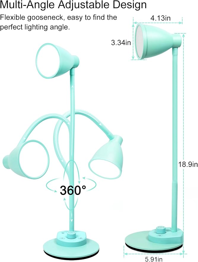 BOHON LED Desk Lamp with USB Charging Port, 3 Color Modes Dimmable, Teal | Reading Lamp, Auto Dimming Task Lamp, Flexible Neck Table Light for Office Dorm Bedside, Adapter Include