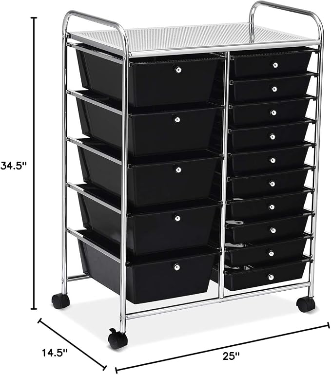 RELAX4LIFE 15 Drawer Rolling Storage Cart, Mobile Drawer Carts for Craft Art Supply Paper Salon, Utility Cart on Wheels for Classroom Teacher School Office, Rolling Cart with Drawers (Black)