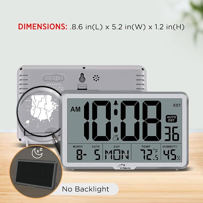 WallarGe Auto Set Digital Wall Clock Battery Operated, Desk Clocks with Temperature, Humidity and Date, Large Display Digital Calendar Alarm Clock for Elderly, Bedroom, Office, 8 Time Zone, Auto DST.