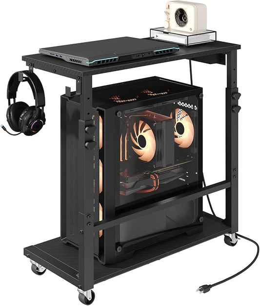 Computer Tower Stand with Power Outlet, Mobile PC Stand for Floor, Height Adjustable PC Holder Cart Under Desk, 26.6"-32.7" H, for Home Office, Gaming Room, Black PCHS216E01