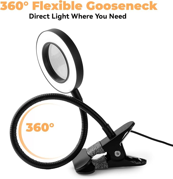 LALISU Clip on Lamp, 5X Magnifying Glass with Light LED Desk Lamp with Clamp Bright Clip Light for Bed Bedside Table, Adjustable Reading Light for Bed, Desk Lights (Black with Magnifying)