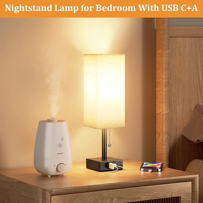 Small Bedside Table Lamp for Bedroom - Desk Lamp For Nightstand, USB C+A | Pull Chain Lamp, 3 Color Modes(3000K/4000K/5000K), E26 LED Bulb Included, Square Beige Fabric Lampshade, for Read, Work, Dorm