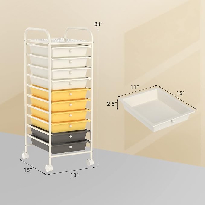 COSTWAY 10-Drawer Rolling Storage Cart, Utility Mobile Trolley | Removable Drawers & Universal Casters & 2 Brakes, Versatile Flexible Drawer Organizer Cart for Home, Office (Yellow)